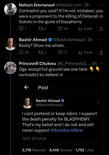 Nigerians dig up old tweet where Bashir Ahmad supported death penalty for blasphemy after he dared them to show him where he ever supported such