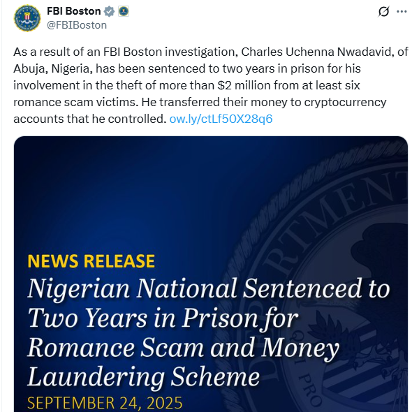 Nigerian national sentenced to two years imprisonment for romance scam and money laundering scheme in US