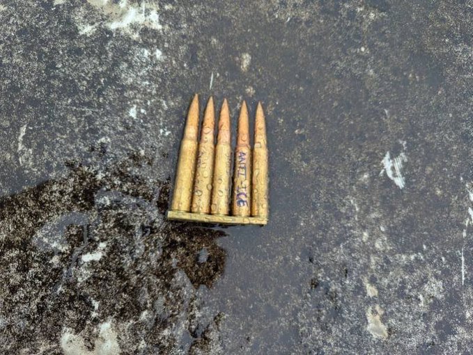 Unused bullet casing with 'ANTI-ICE' inscription linked to Dallas ICE shooting