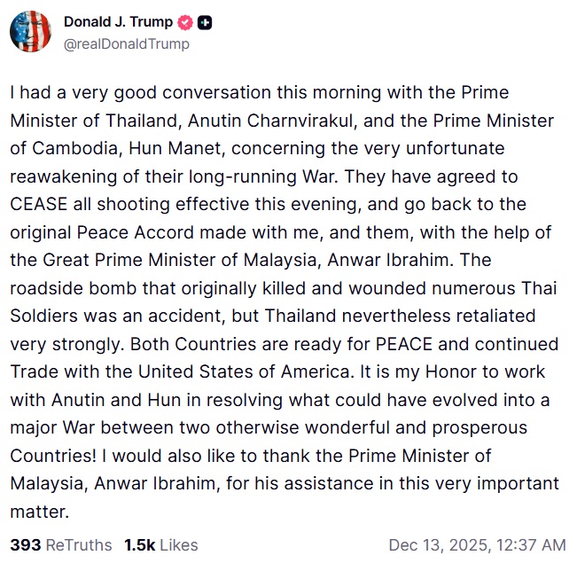 Thailand vows to keep fighting Cambodia, hours after Trumpâ€™s ceasefire call