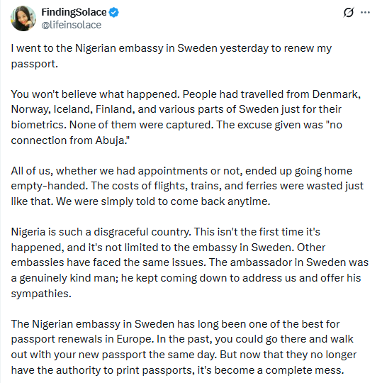 â€™They said no connection with Abujaâ€™â€™- Nigerian lady recounts her experience after going to renew her passport at the Nigerian Embassy in Sweden