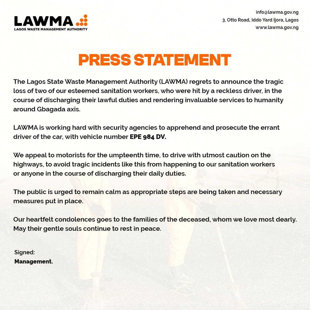Driver fleeing LASTMA officials kills two road sweepers