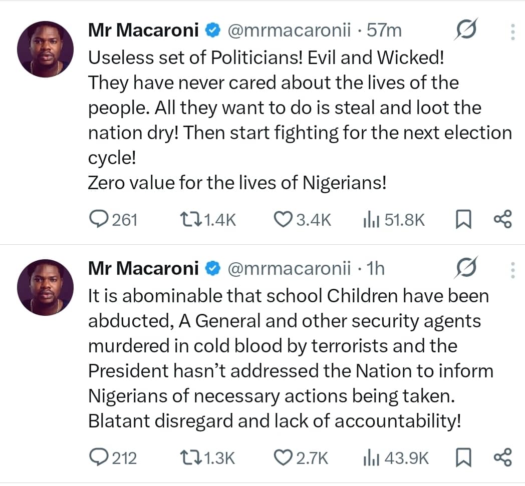 Mr Macaroni Demands Answers from Tinubu on Kebbi Schoolchildren Kidnapping