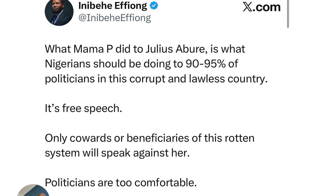?What Mama P did to Julius Abure, is what Nigerians should be doing to 95% of politicians? - Human rights lawyer, Inibehe Effiong