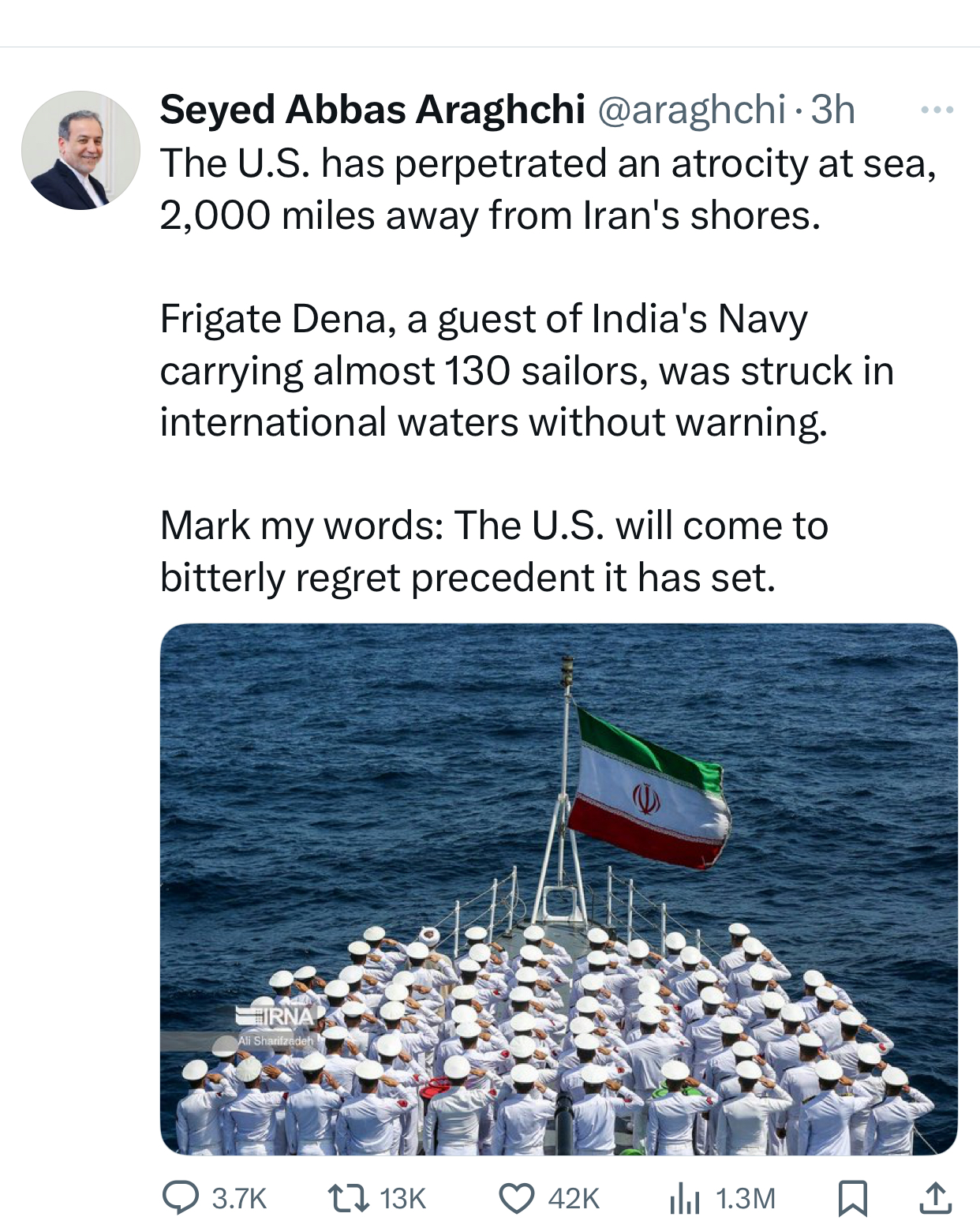 âUS will 'bitterly regret' sinking our shipâ- Iran vows revenge