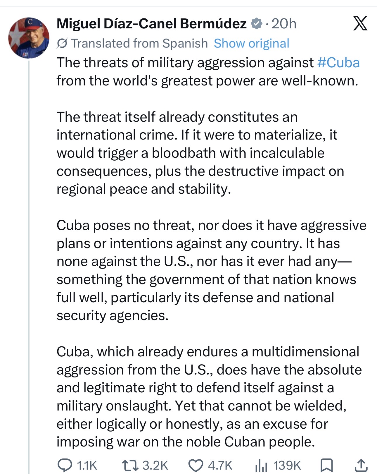 Cubaâs president warns of âbloodbathâ if US takes military action