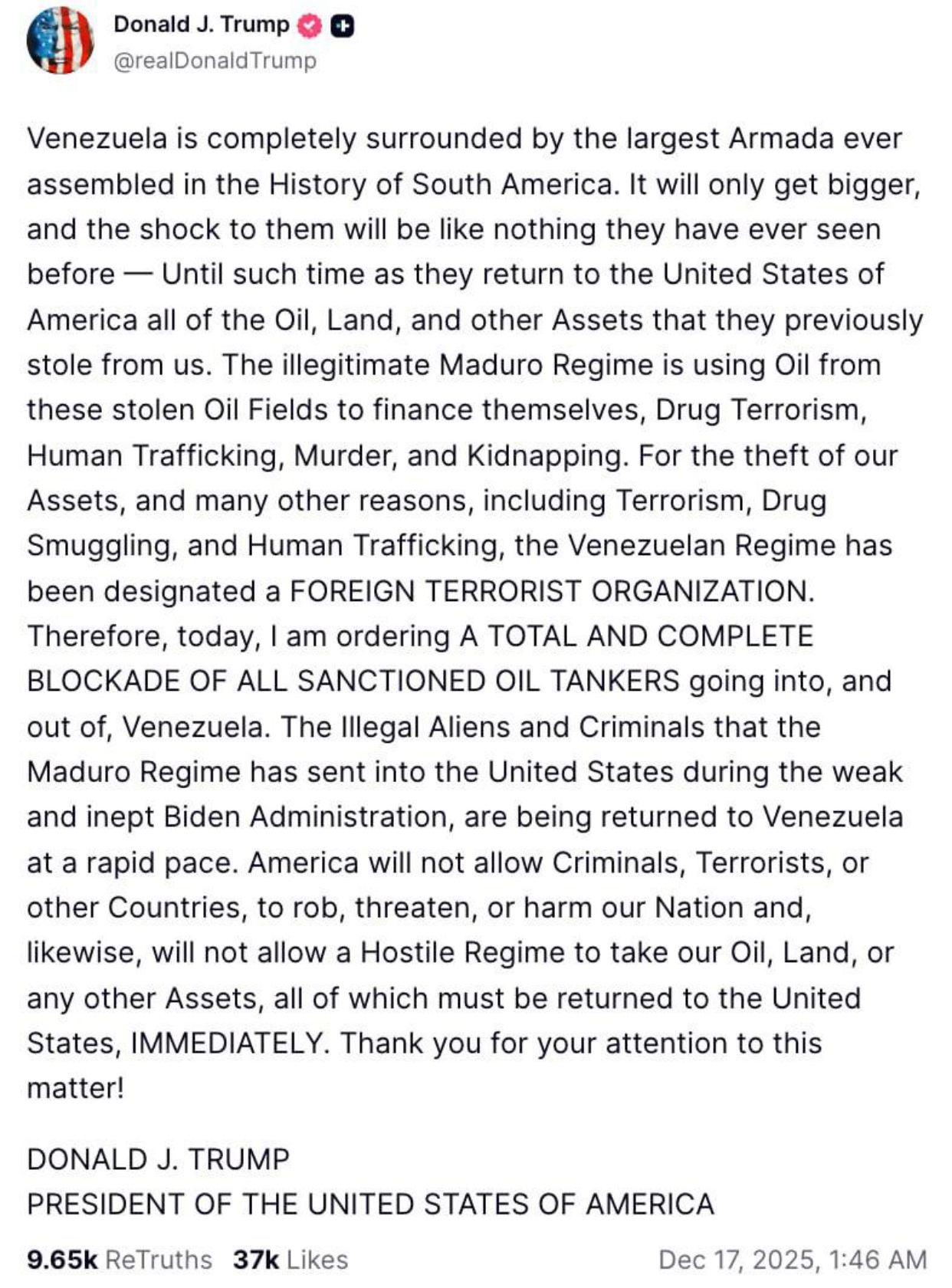 Venezuela must return all the oil and land it stole from USA- Trump says as he announces maritime blockade