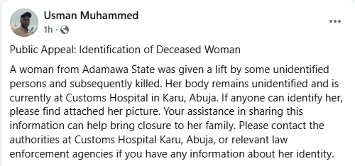 Abuja resident appeals for help to identity woman allegedly 'k!lled' by unknown assailants
