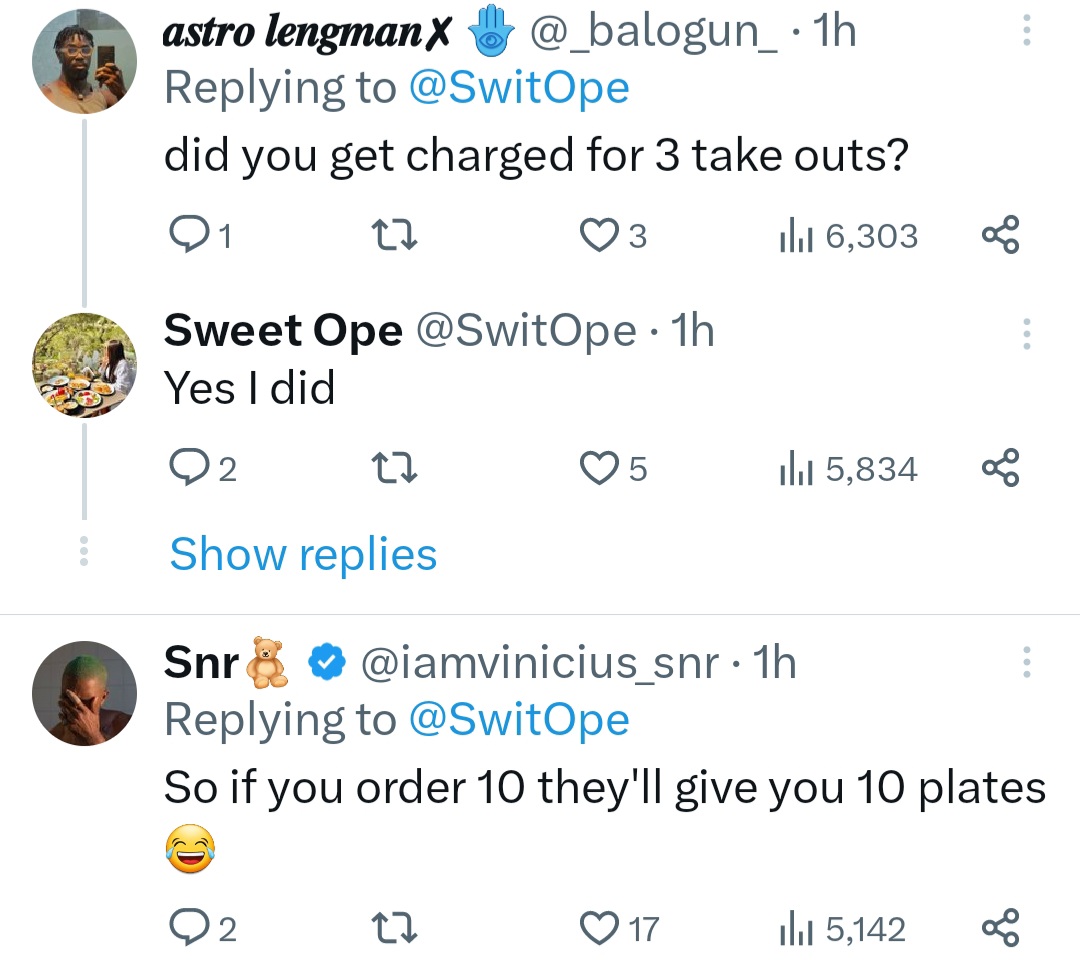 Woman calls out eatery online after she ordered 3 pieces of yam and each piece was served in a different take away pack