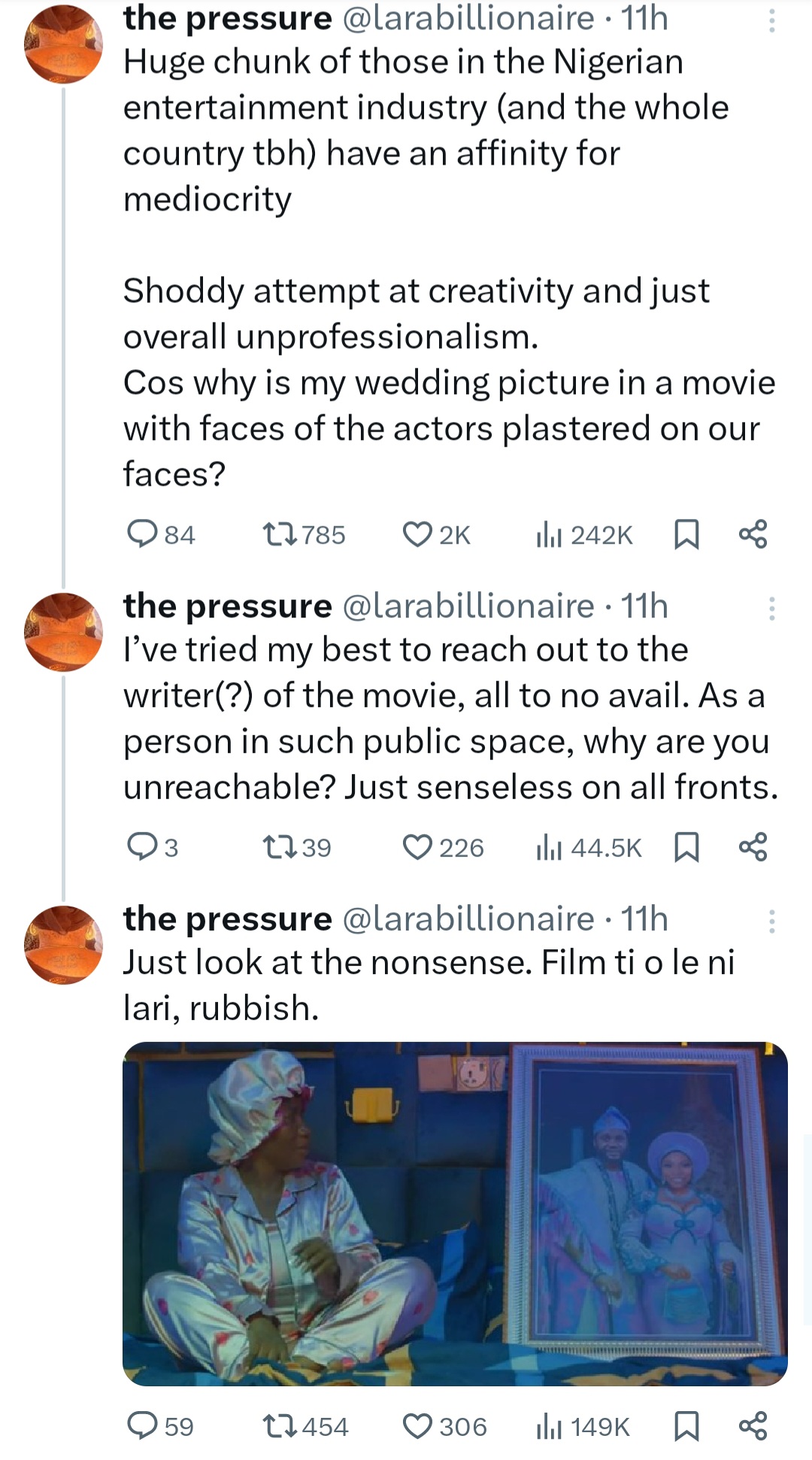 "Why is my wedding picture in a movie?" Woman asks as she blasts Nigerian film makers