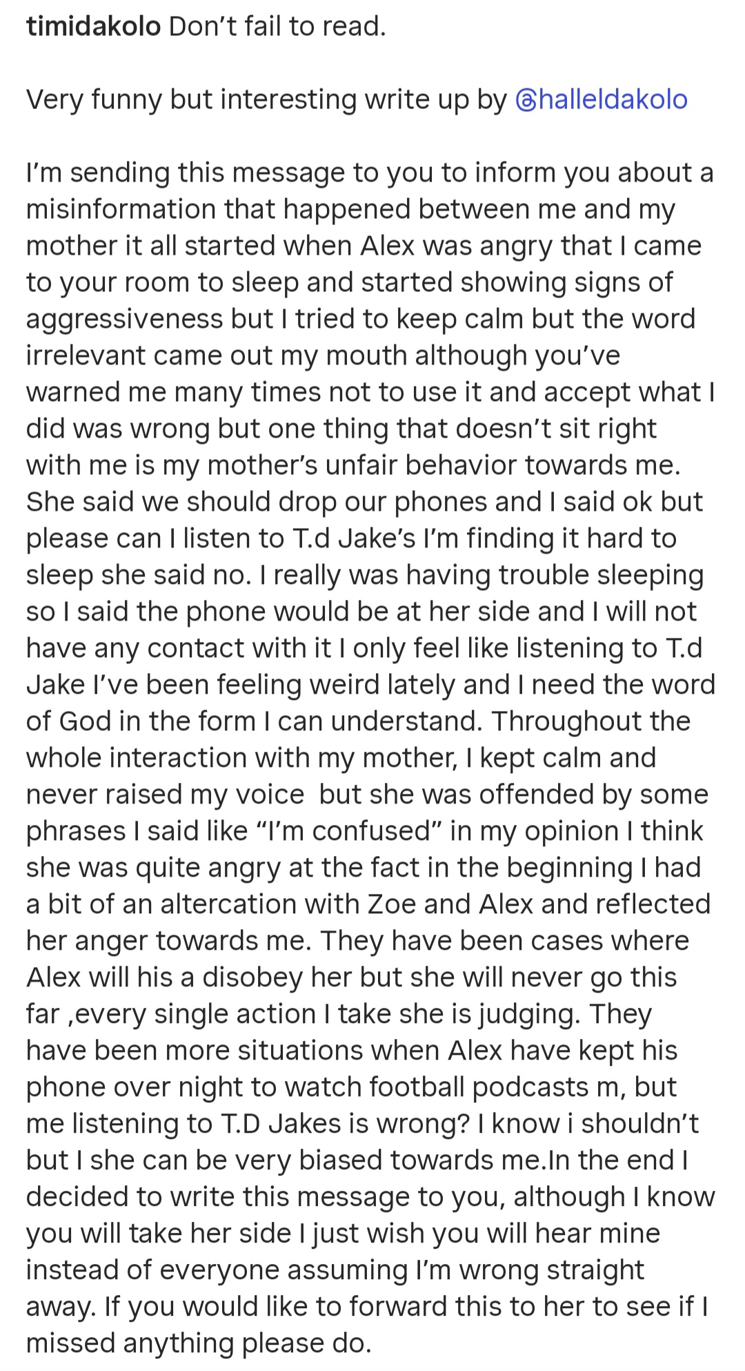 Timi Dakolo shares note from his daughter complaining that her mother is "biased" towards her and takes her brother