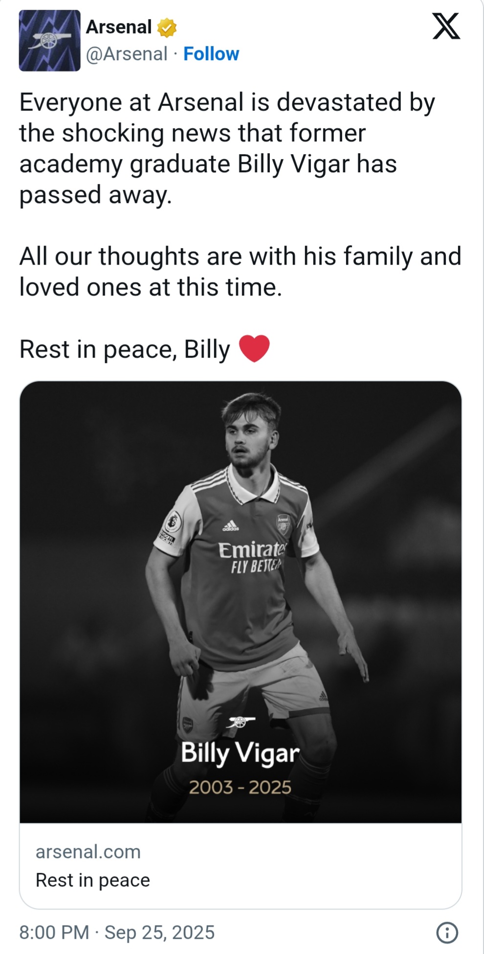 Former Arsenal player, Billy Vigar di�s aged 21 after injury during game