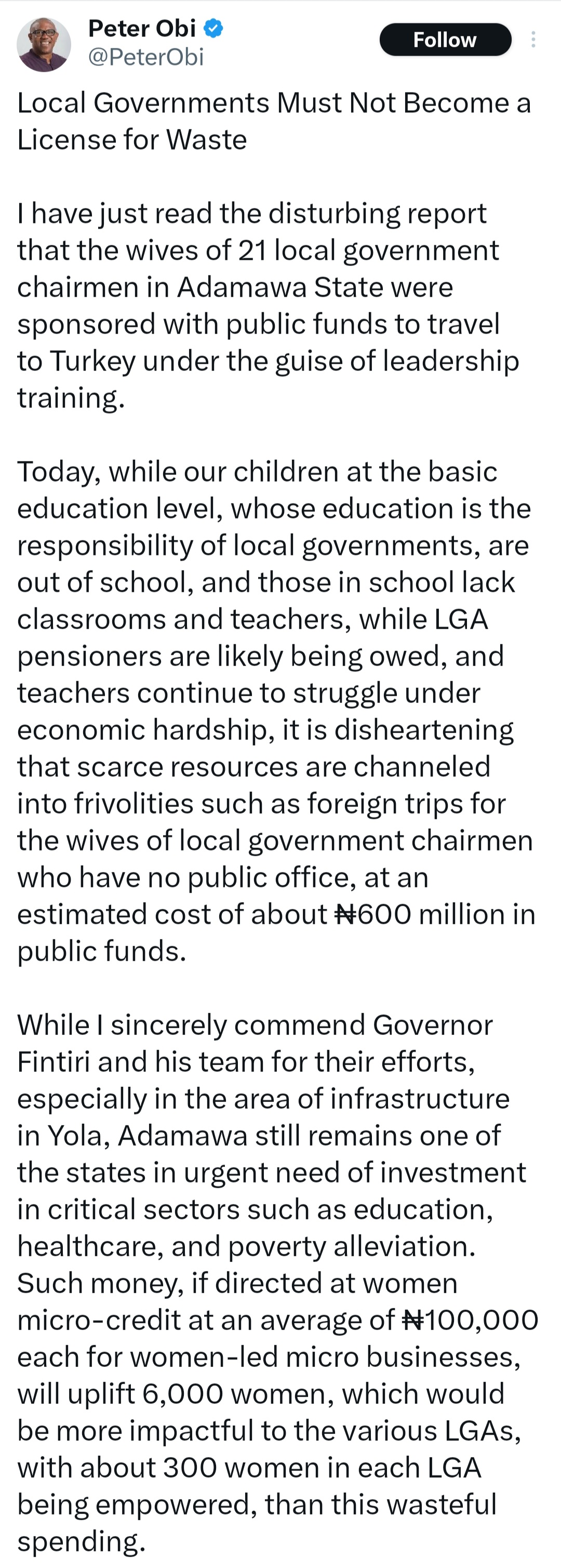 Screenshot of Peter Obi's post on X
