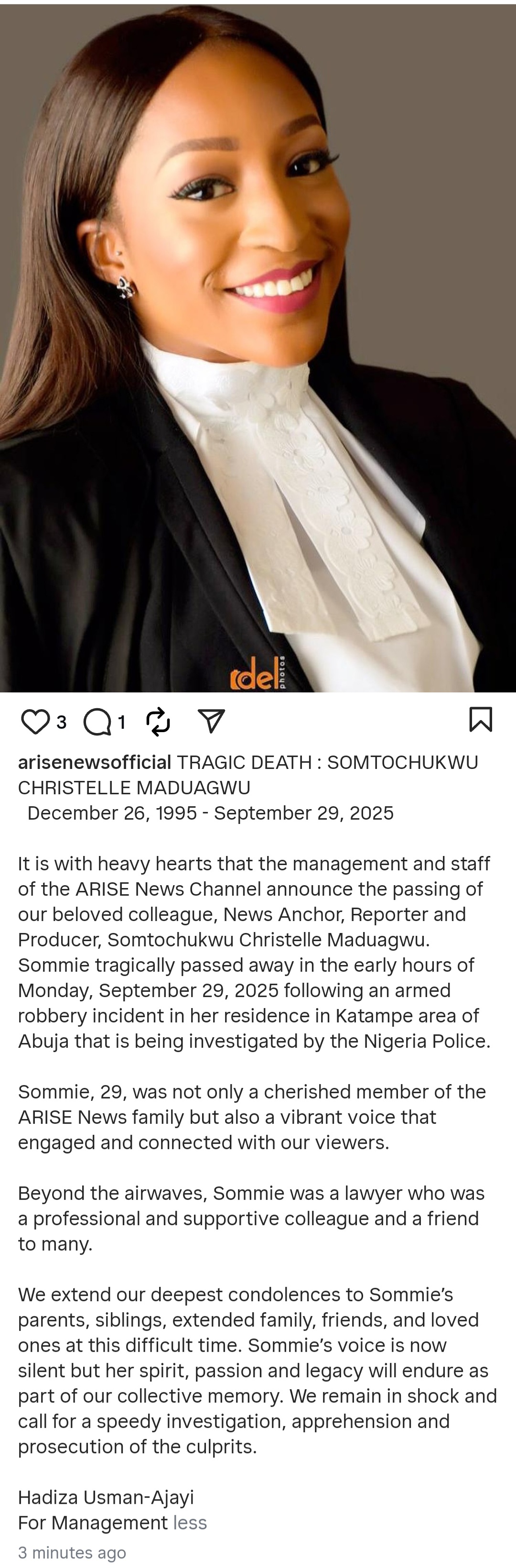 Arise News anchor, Somtochukwu Christelle Maduagwu is tragically k!lled during robbery incident at her home