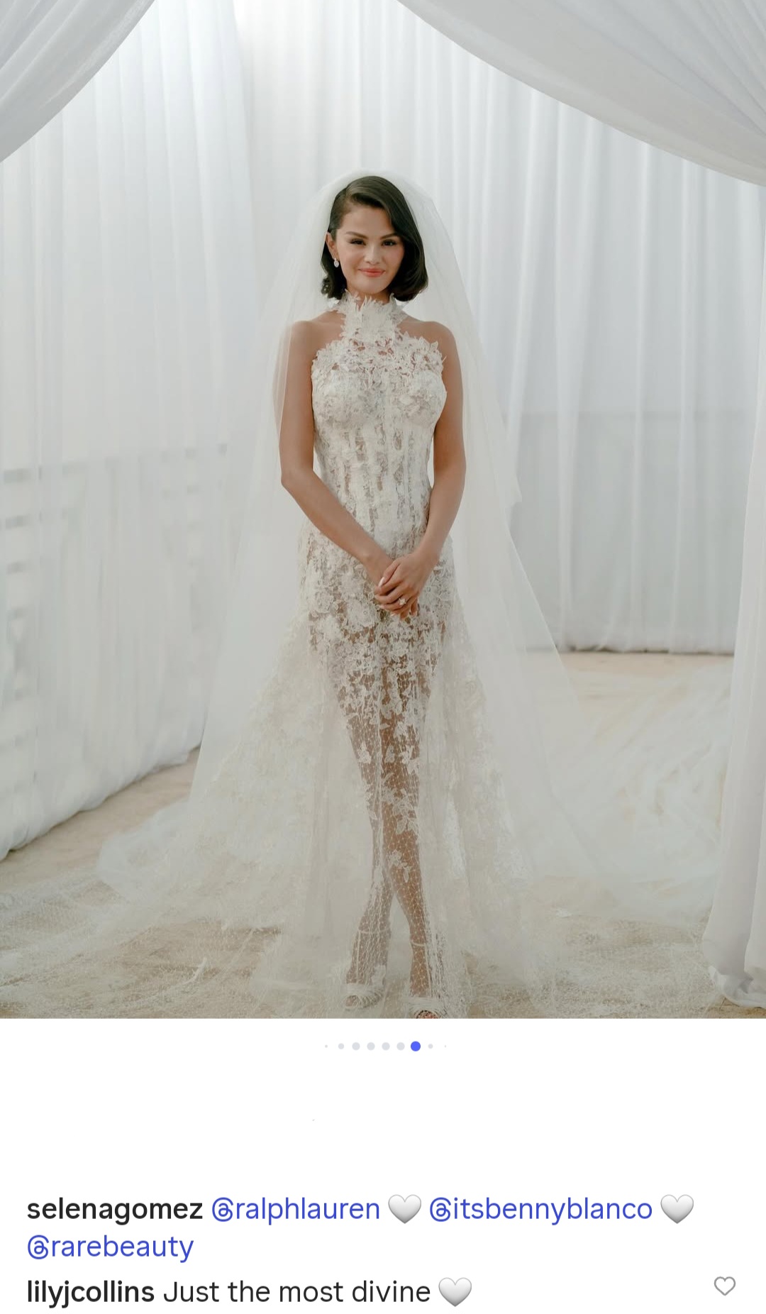 Actress, Selena Gomez shares new photos displaying the three wedding dresses she wore as she married Benny Blanco