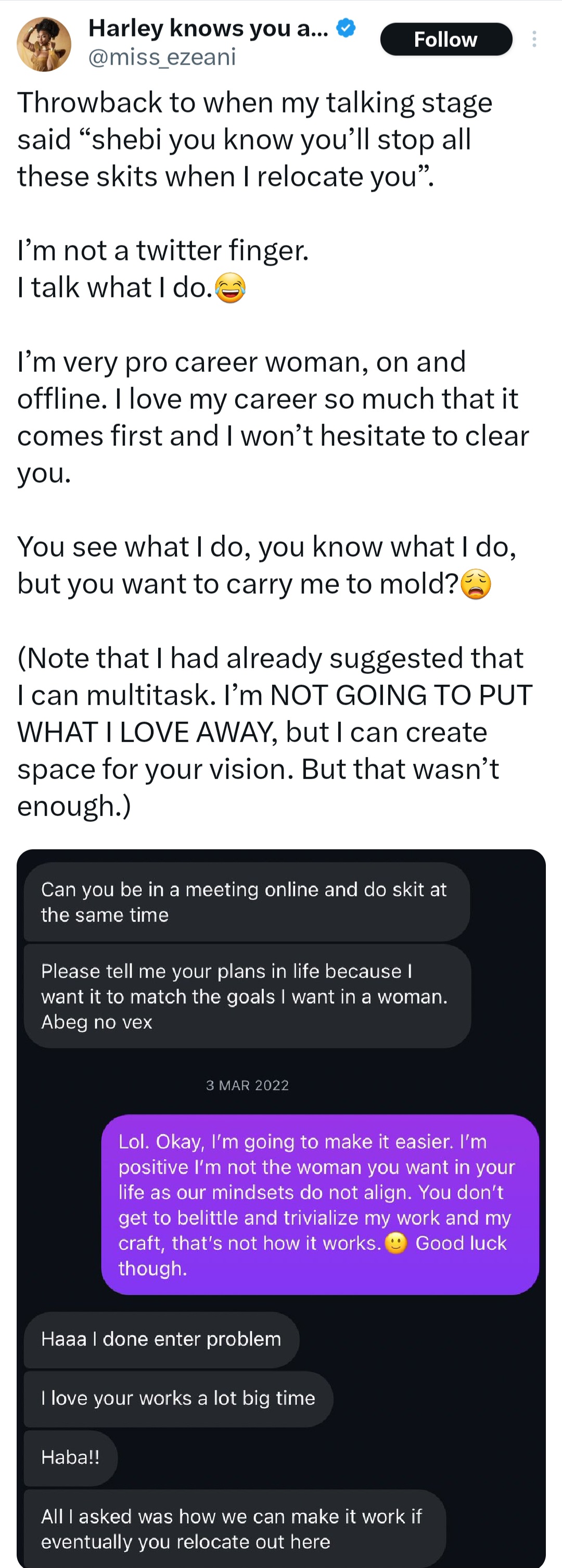Skitmaker, Miss Ezeani shares chat with abroad-based man who expected her to quit skitmaking if they get together