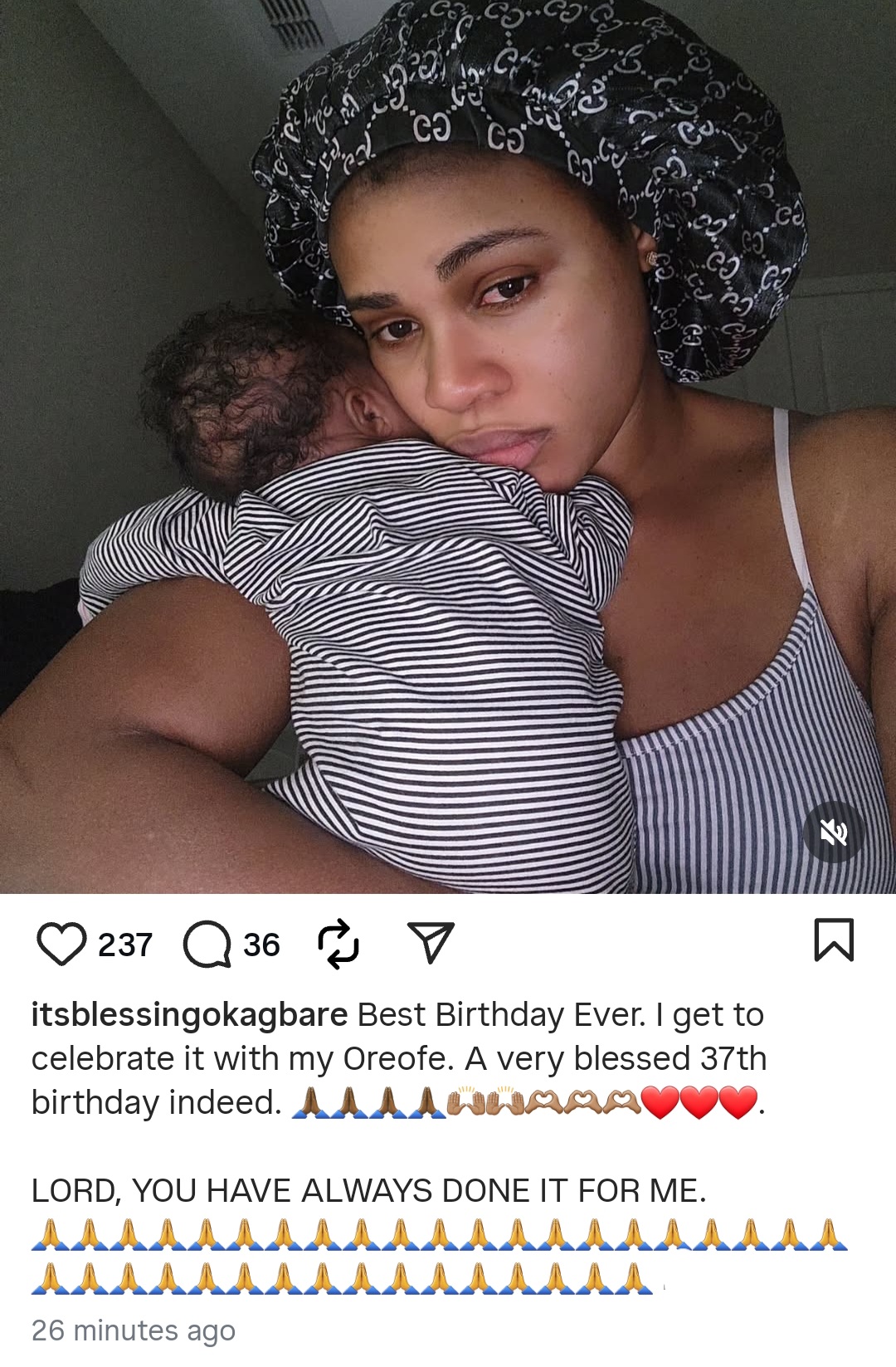 Nigerian athlete Blessing Okagbare shows gratitude that she gets to celebrate 37th birthday with her first child