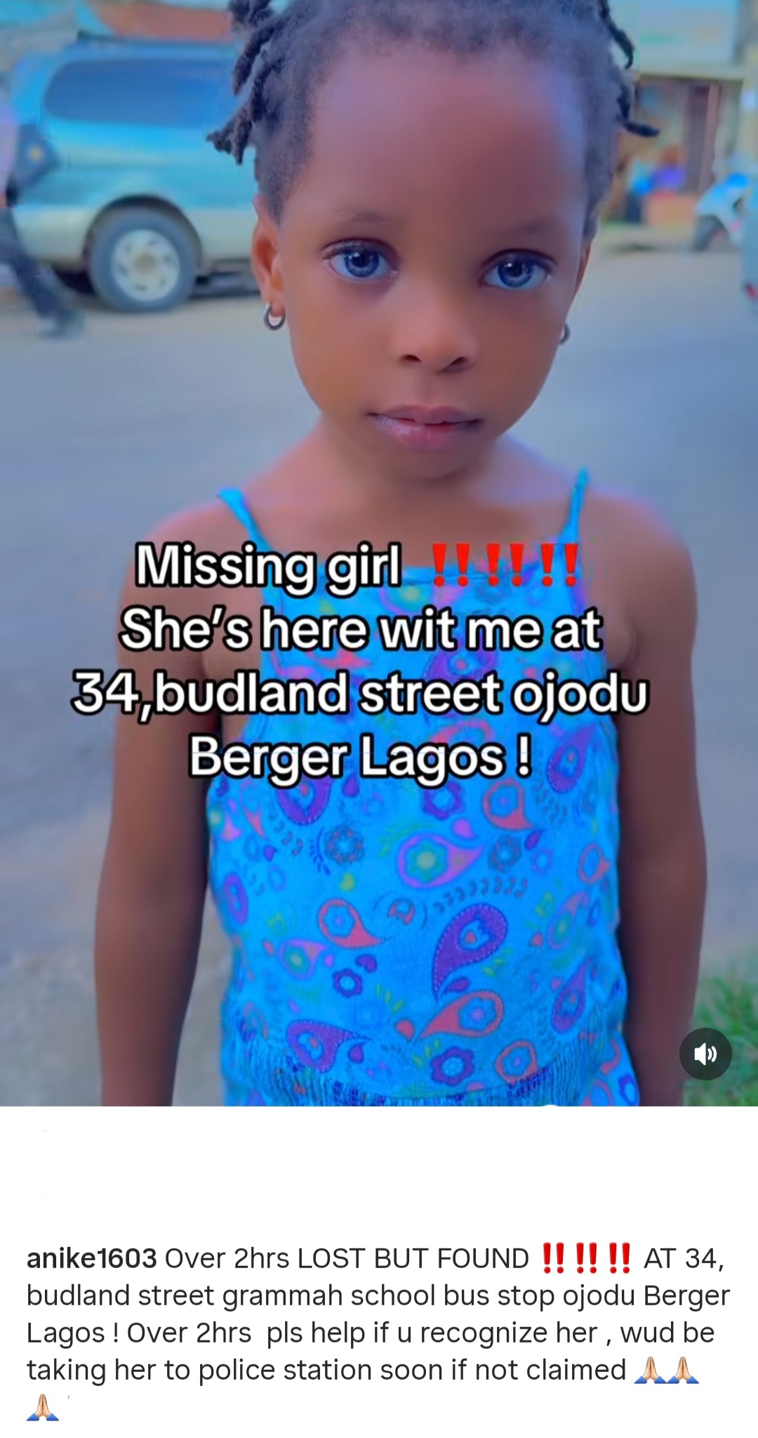 Missing little girl found wandering in Berger after trekking all the way from Ogba as online video helps family identify her (video)