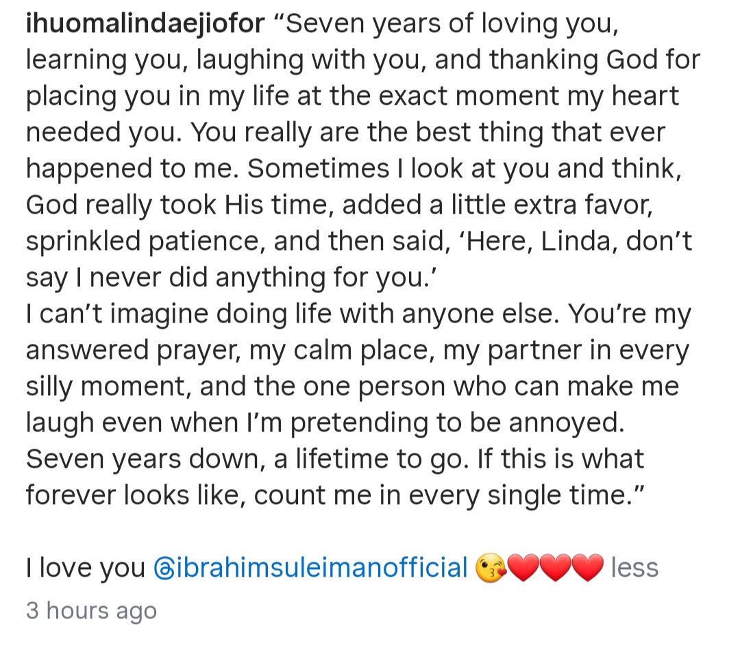 Actors Ibrahim Suleiman and Linda Ejiofor-Suleiman celebrate each other on 7th wedding anniversary