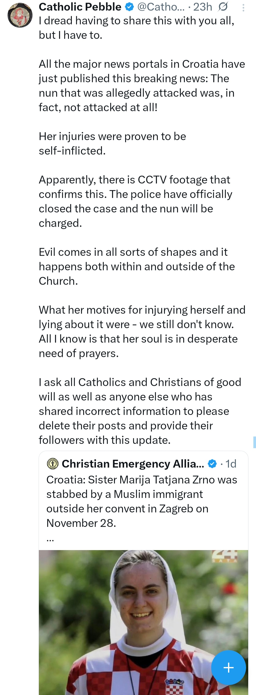 Catholic nun to be charged after st@bbing herself and lying that a fictitious Muslim immigrant screaming "Allahu Akbar" attacked her