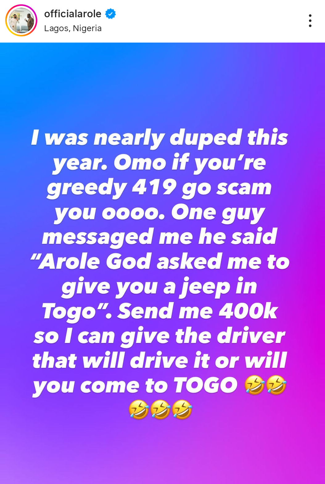 Comedian Woli Arole shares how he was almost âscammedâ after being told to send â¦400k to receive a jeep in Togo