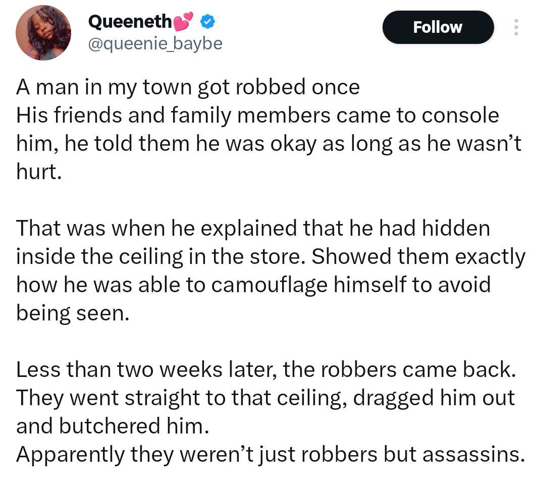 Lady narrates how man who survived robbery by hiding in ceiling was later killed after sharing how he escaped the first attack