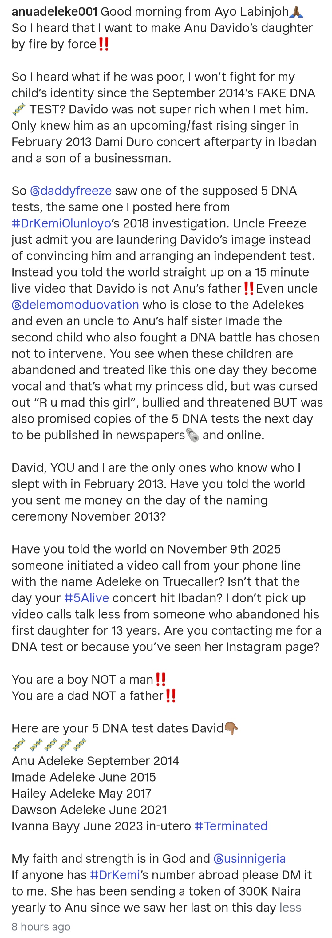 "You are a boy, not a man" Ayo Labinjoh slams Davido over his denial of her daughter's paternity