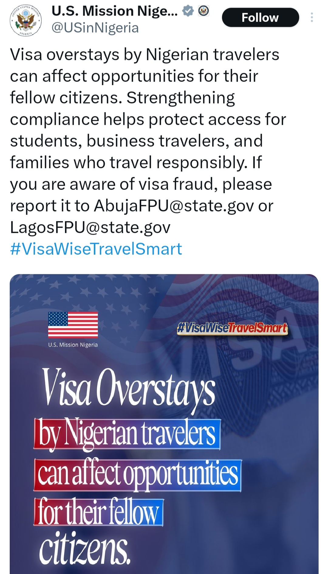 Visa overstays by Nigerian travellers can affect opportunities for their fellow citizens - USÂ warns