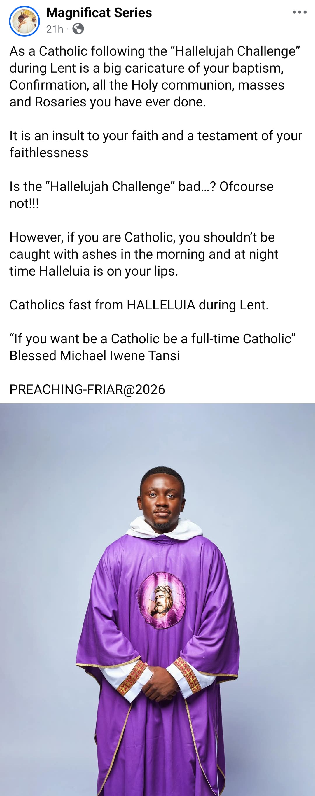 "It's an insult to your faith" Priest warns Catholics against joining Hallelujah Challenge during Lent