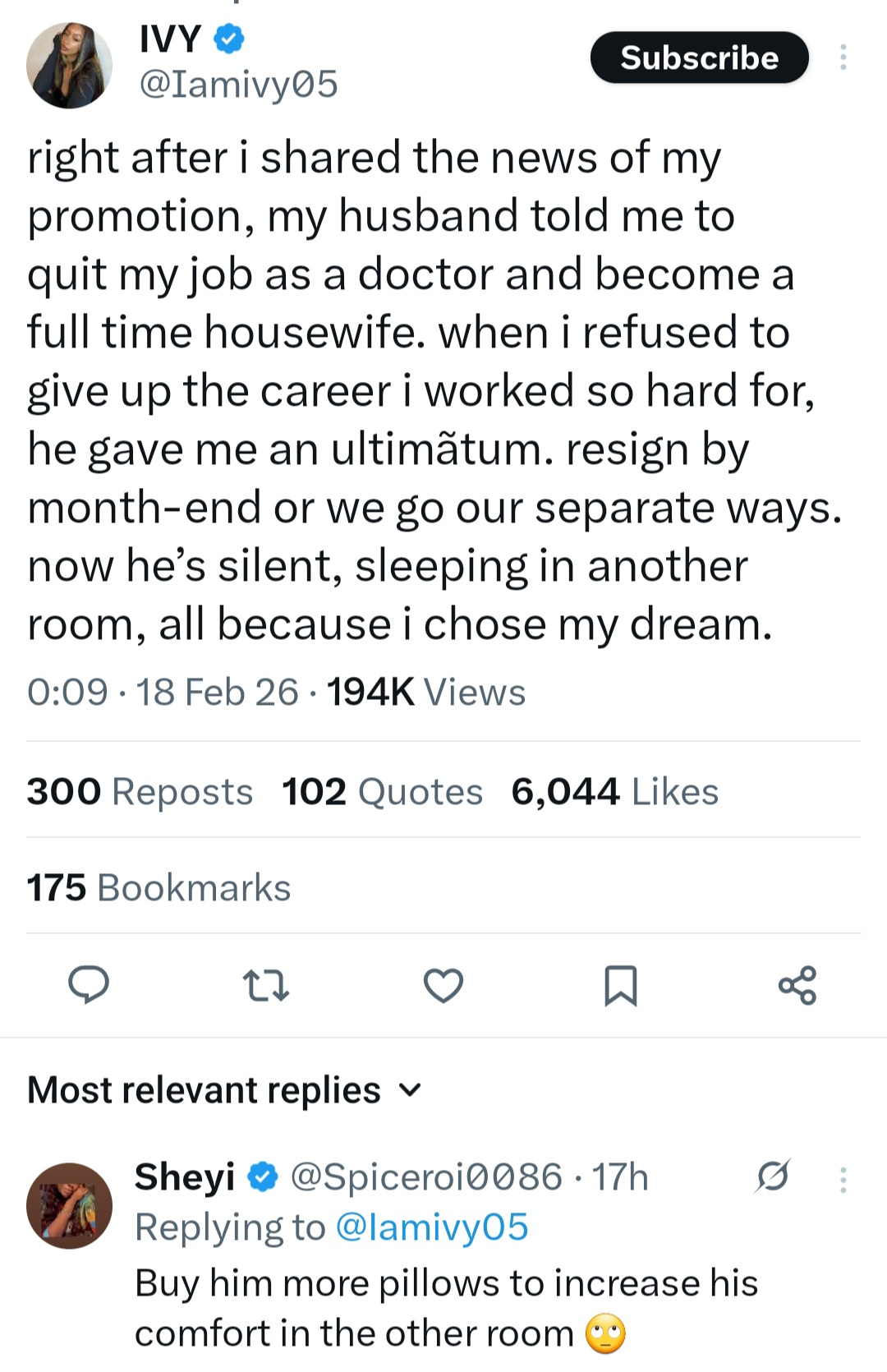 Medical doctor reveals ultimatum her husband gave her after she got promoted at work