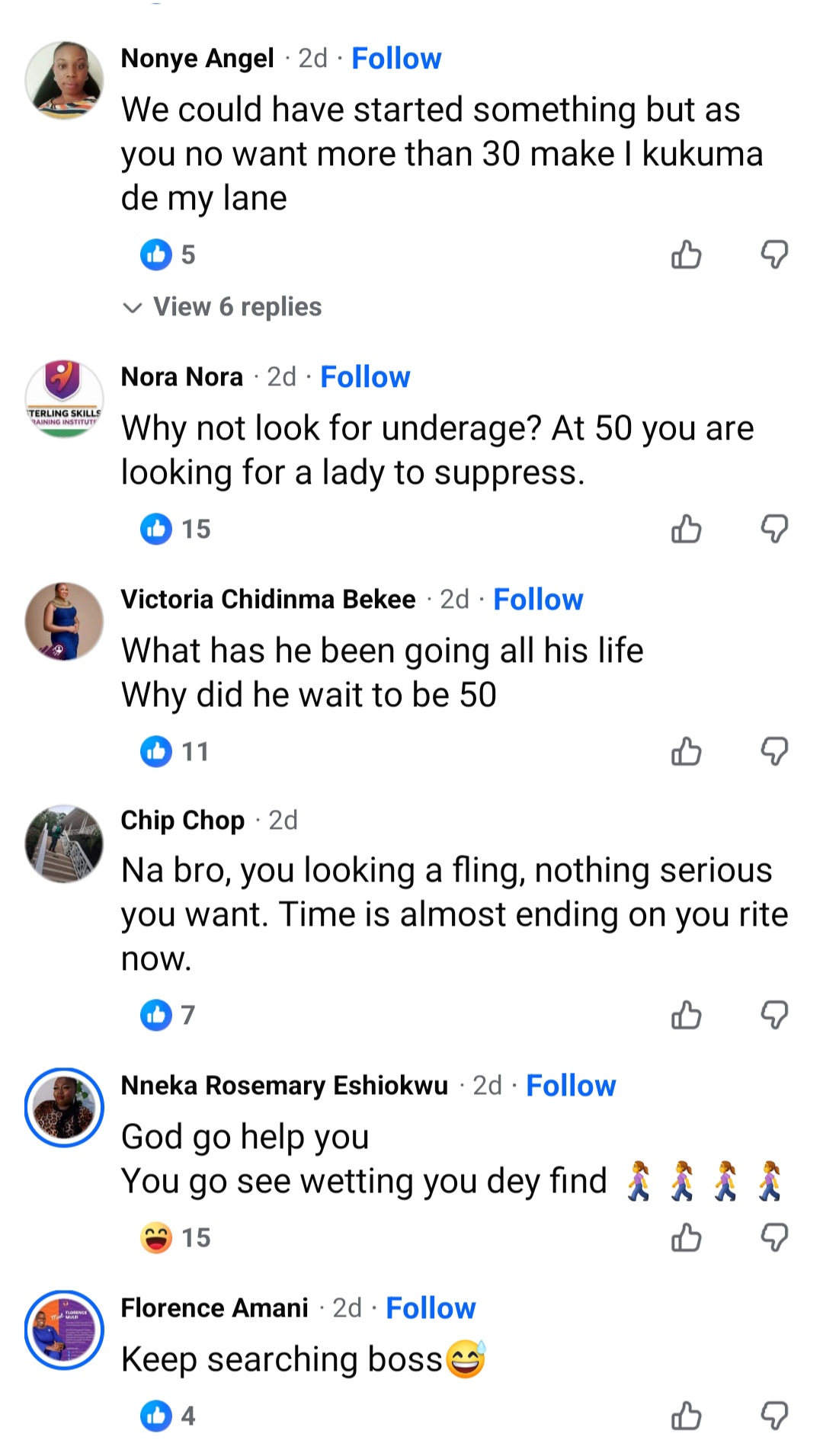 Reactions as 50-year-old man who has never been married and has no wife seeks wife below age 30