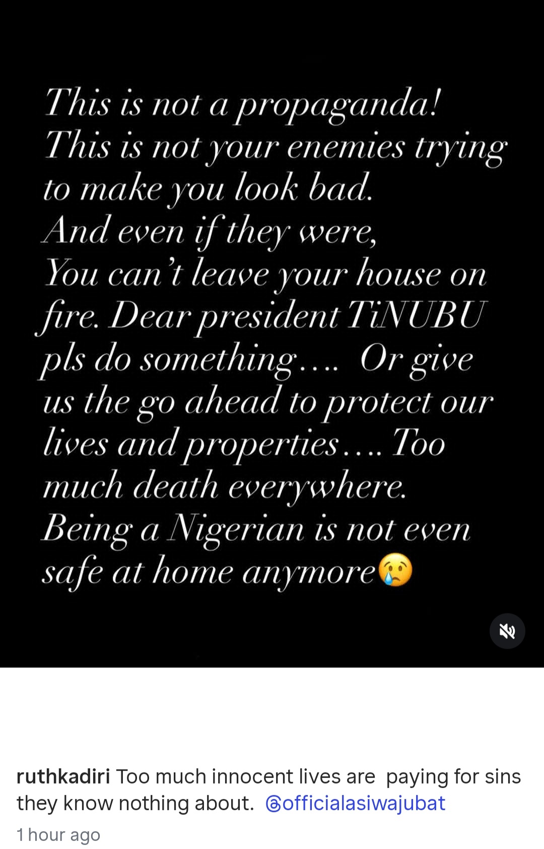 "Do something or give us the go ahead to protect our lives and properties" Actress Ruth Kadiri Ezerike tells Bola Tinubu amid heightened insecurity