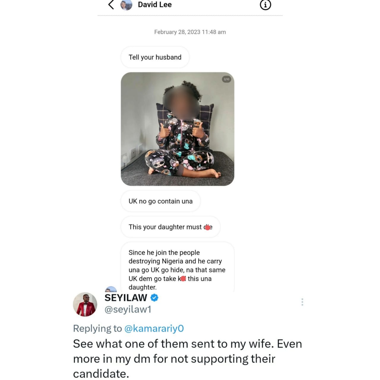 Comedian SeyiLaw, shares screenshot of a distasteful comment his wife, Ebere, received from a troll because of his political affiliation