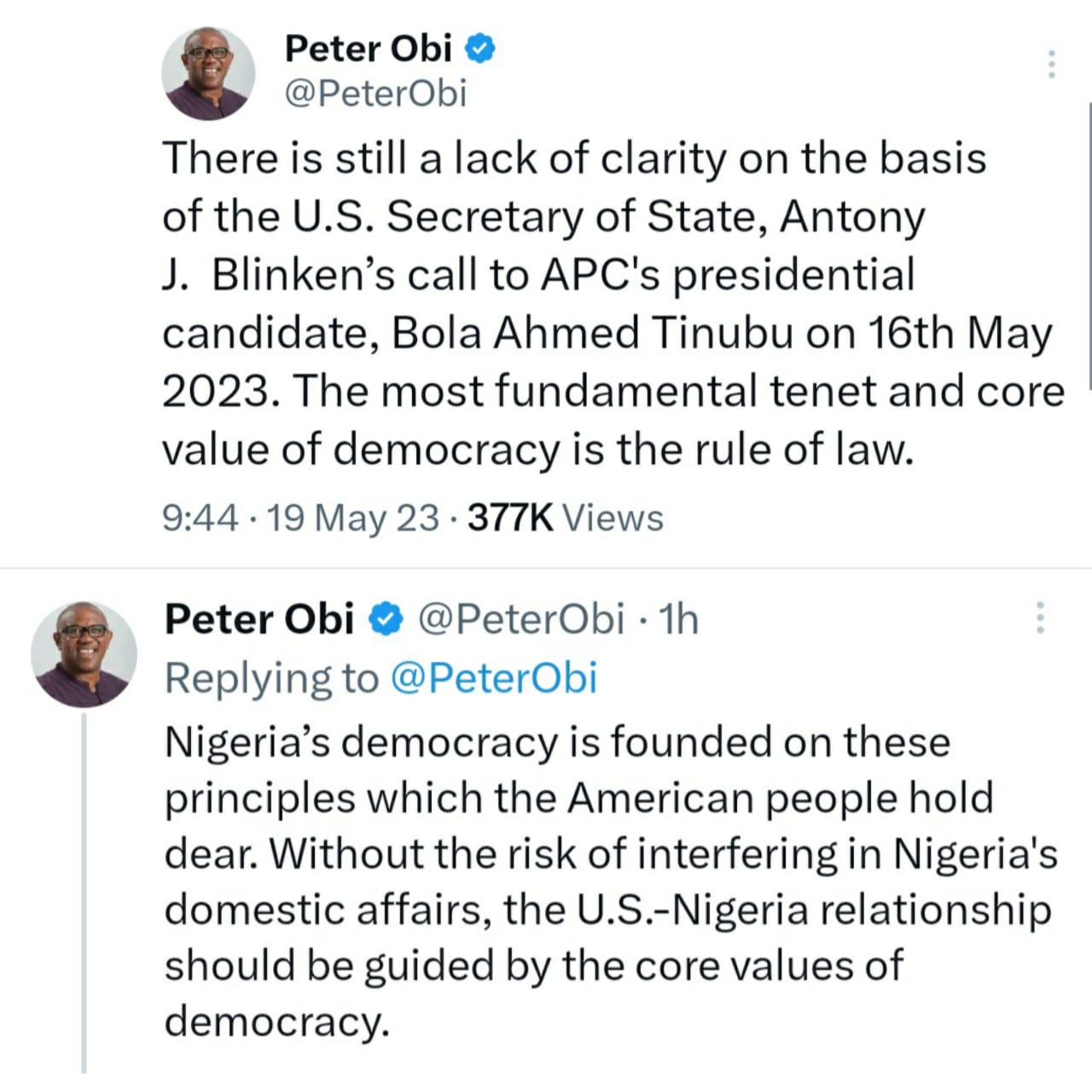 Peter Obi faults US Secretary of State, Anthony Blinken, for calling President-elect Bola Tinubu a few days ago