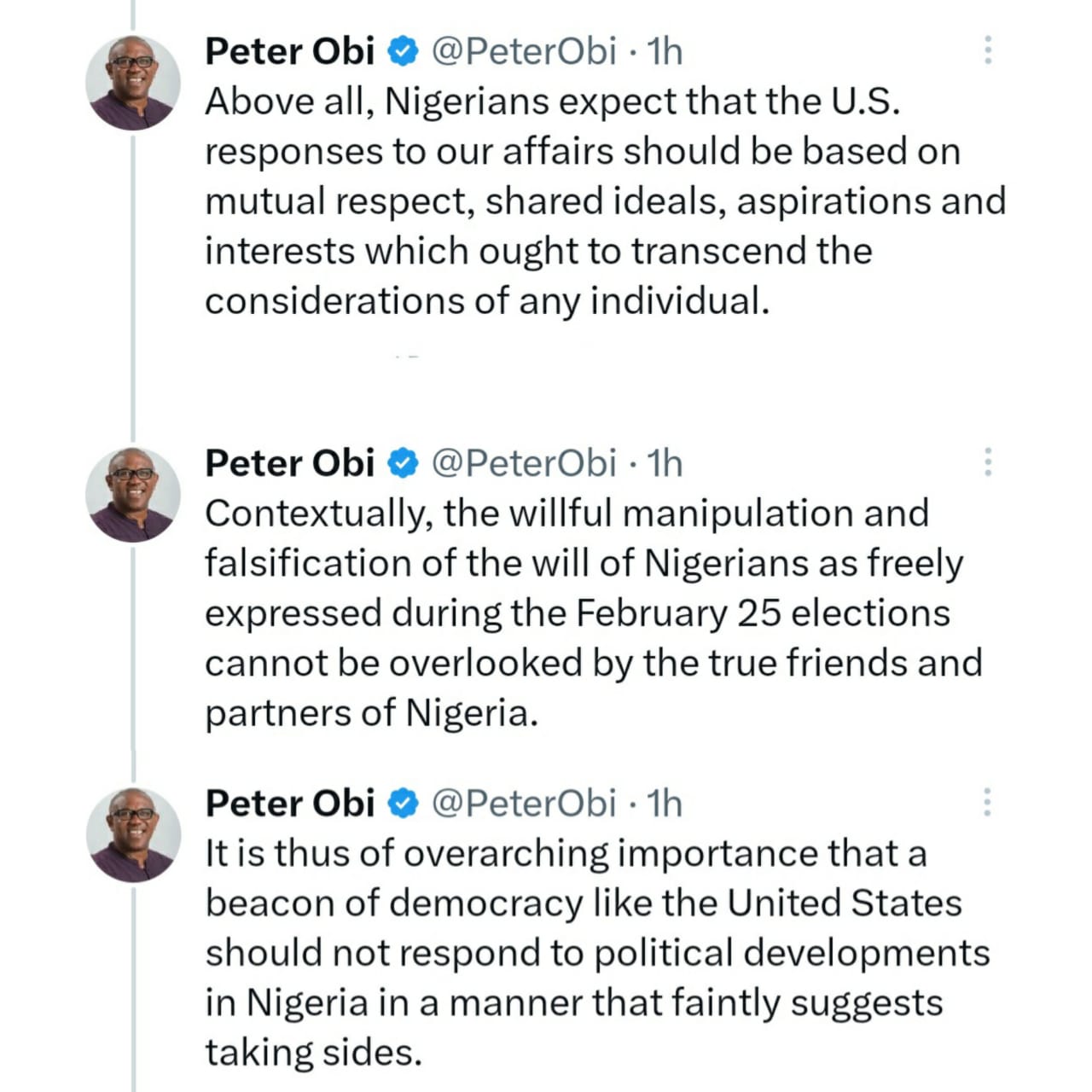 Peter Obi faults US Secretary of State, Anthony Blinken, for calling President-elect Bola Tinubu a few days ago