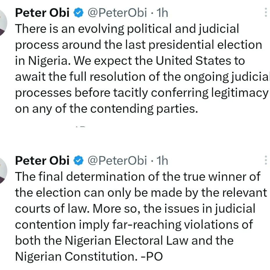 Peter Obi faults US Secretary of State, Anthony Blinken, for calling President-elect Bola Tinubu a few days ago