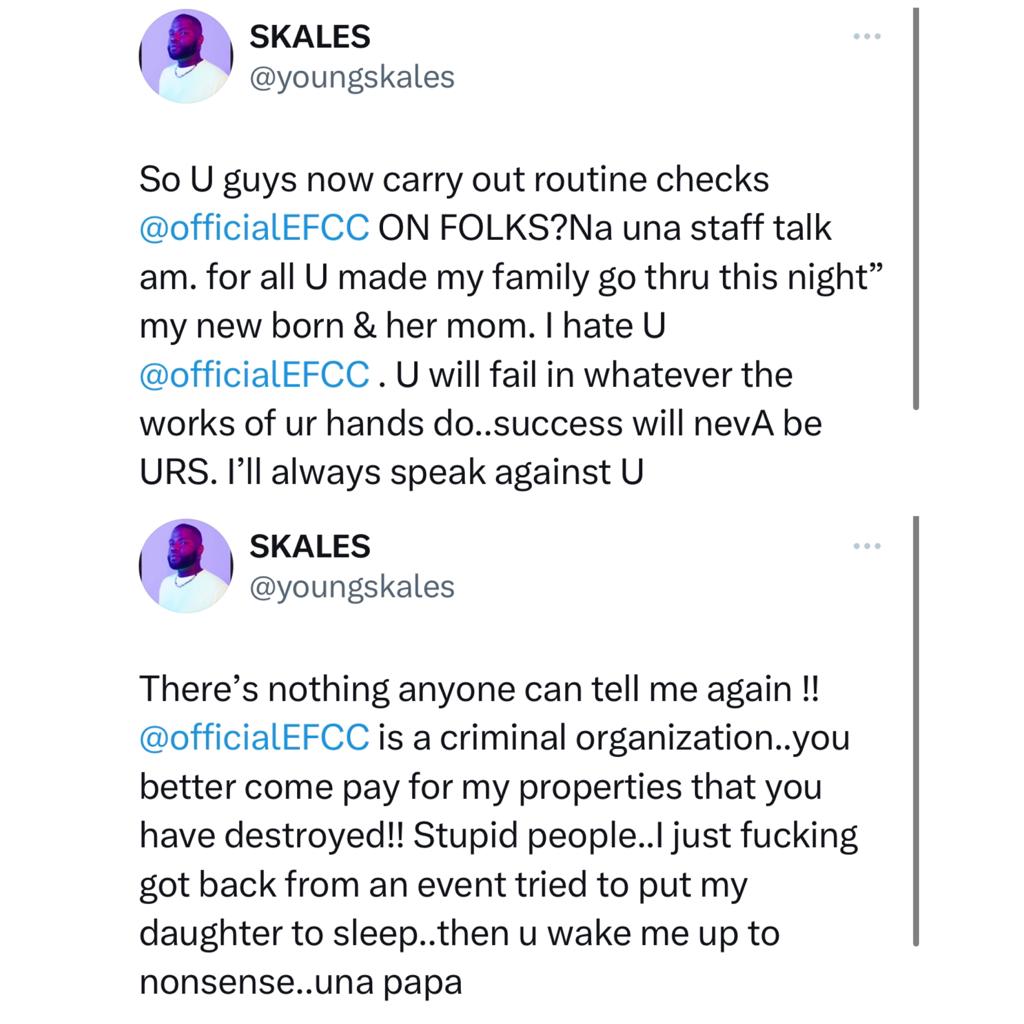 Singer Skales calls out suspected EFCC operatives for raiding his house in the early hours of today over fraud allegations
