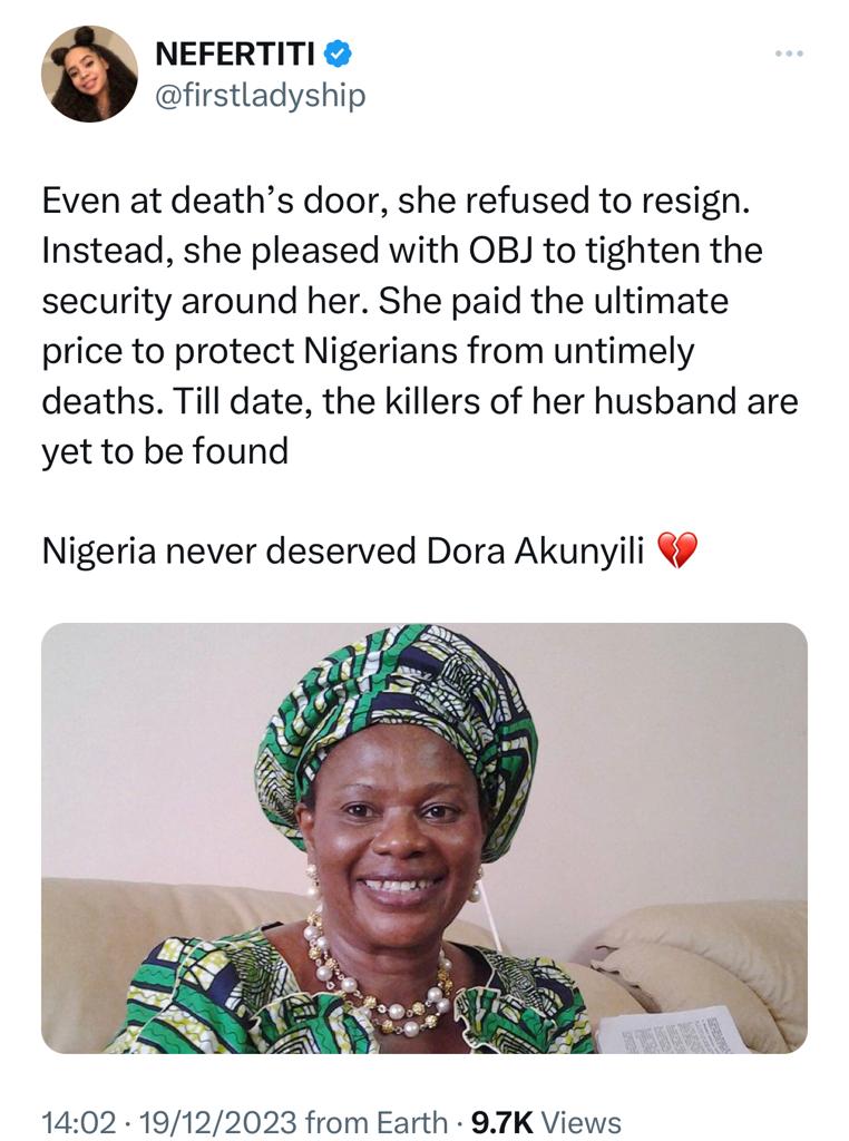 Nigerians pay glowing tribute to ex-NAFDAC boss, Dora Akunyili, days after agency uncovered factories produce fake drinks were uncovered