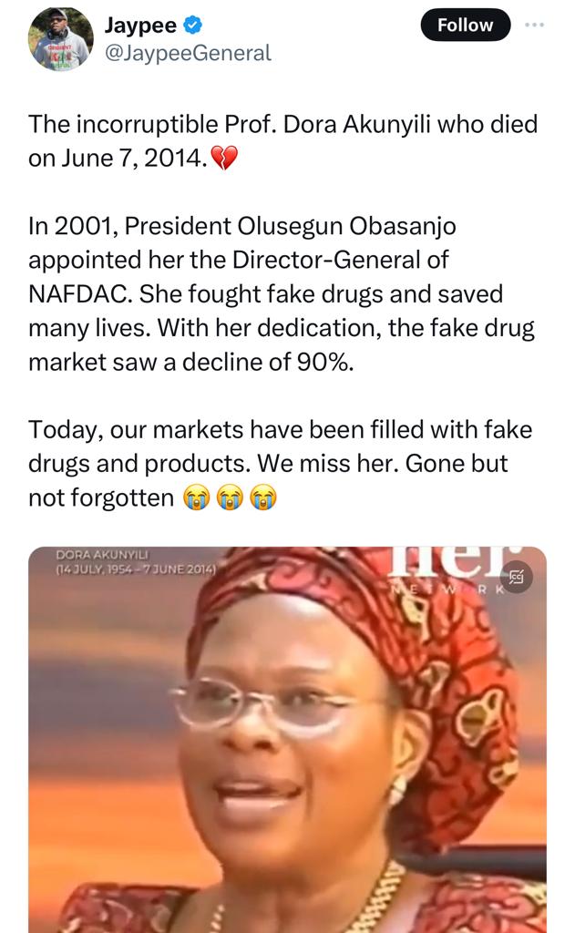 Nigerians pay glowing tribute to ex-NAFDAC boss, Dora Akunyili, days after agency uncovered factories produce fake drinks were uncovered