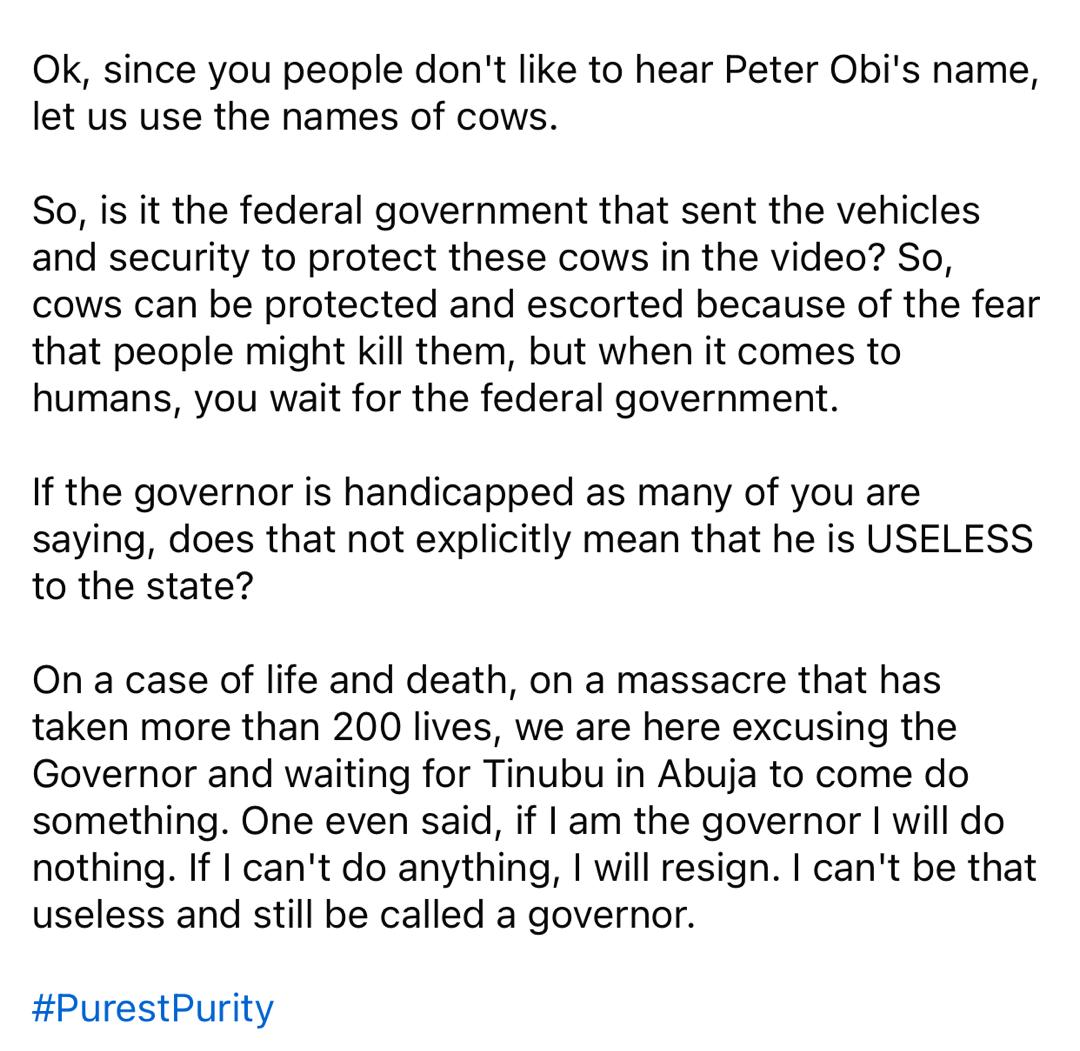 Catholic priest knocks Benue state governor for preventing Peter Obi from visiting IDPs in his state back in April but now waiting for FG to come help him stop insecurity