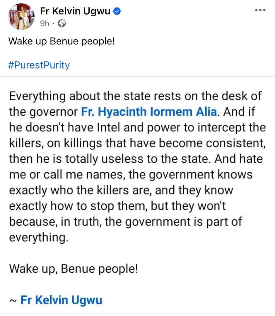 Catholic priest knocks Benue state governor for preventing Peter Obi from visiting IDPs in his state back in April but now waiting for FG to come help him stop insecurity