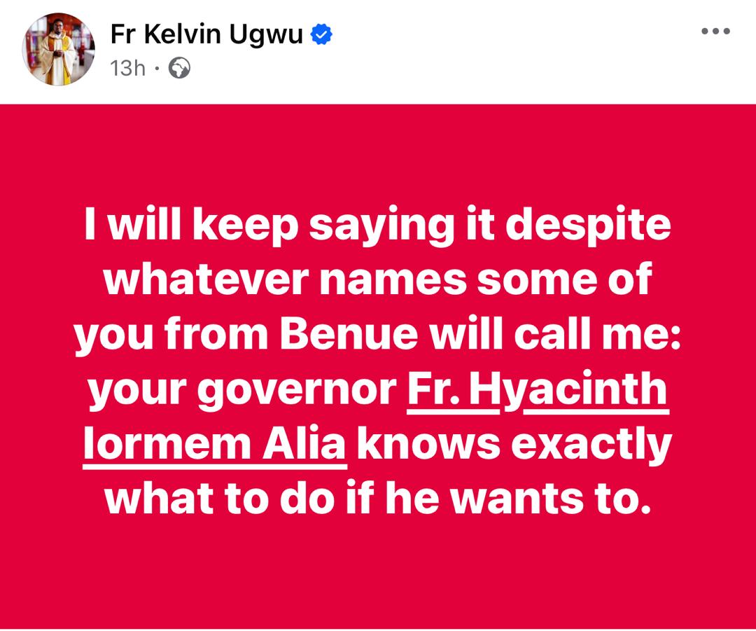 Catholic priest knocks Benue state governor for preventing Peter Obi from visiting IDPs in his state back in April but now waiting for FG to come help him stop insecurity