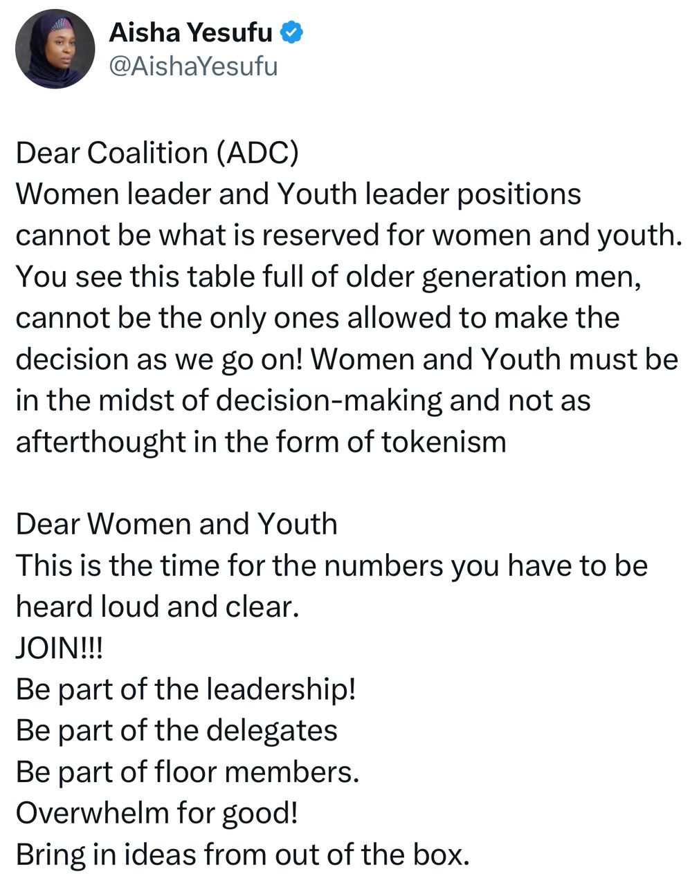 This table full of older generation men cannot be the only ones allowed to make the decision - Aisha Yesufu calls for involvement of women and youths in the Coalition movement