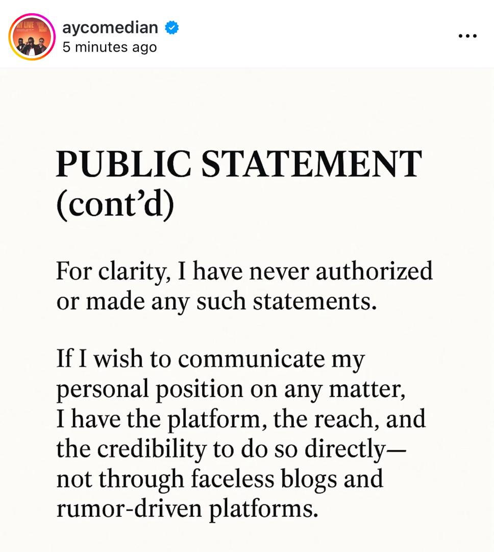 Comedian AY Makun dismisses rumors he regrets the crash of his marriage and is trying to settle with his estranged wife Mabel