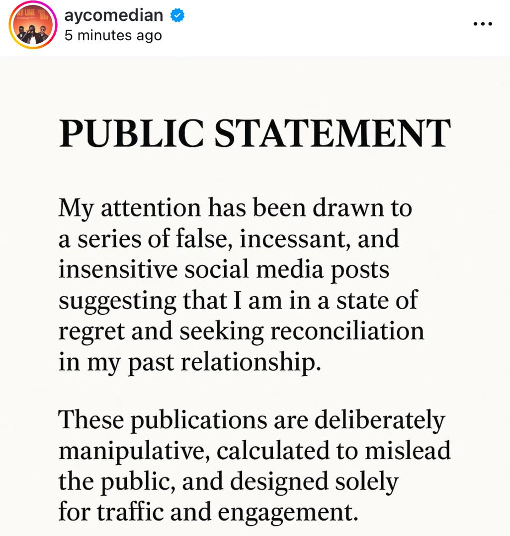 Comedian AY Makun dismisses rumors he regrets the crash of his marriage and is trying to settle with his estranged wife Mabel