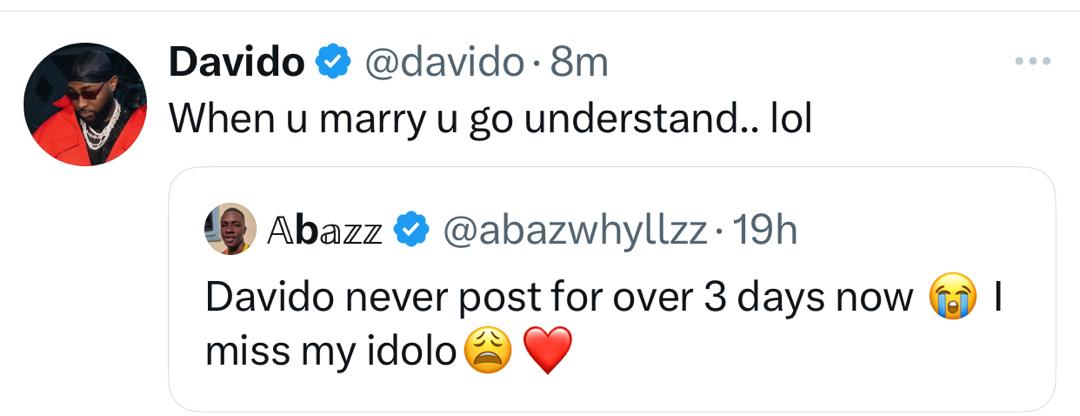 Between Davido and an X-user who said no one takes him serious in the music industry