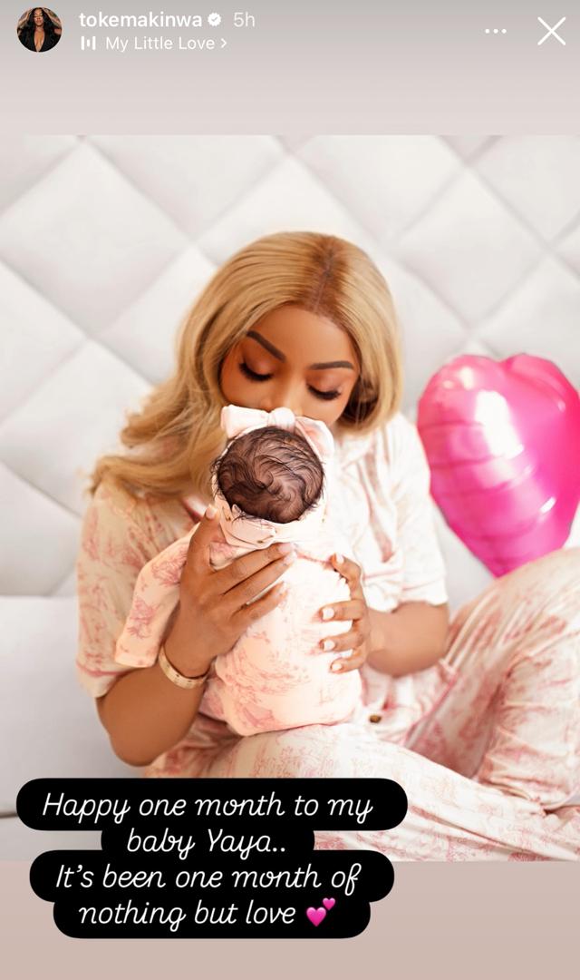 Toke Makinwa shares adorable photo of herself and her daughter, Yakira, as she turns one month old today