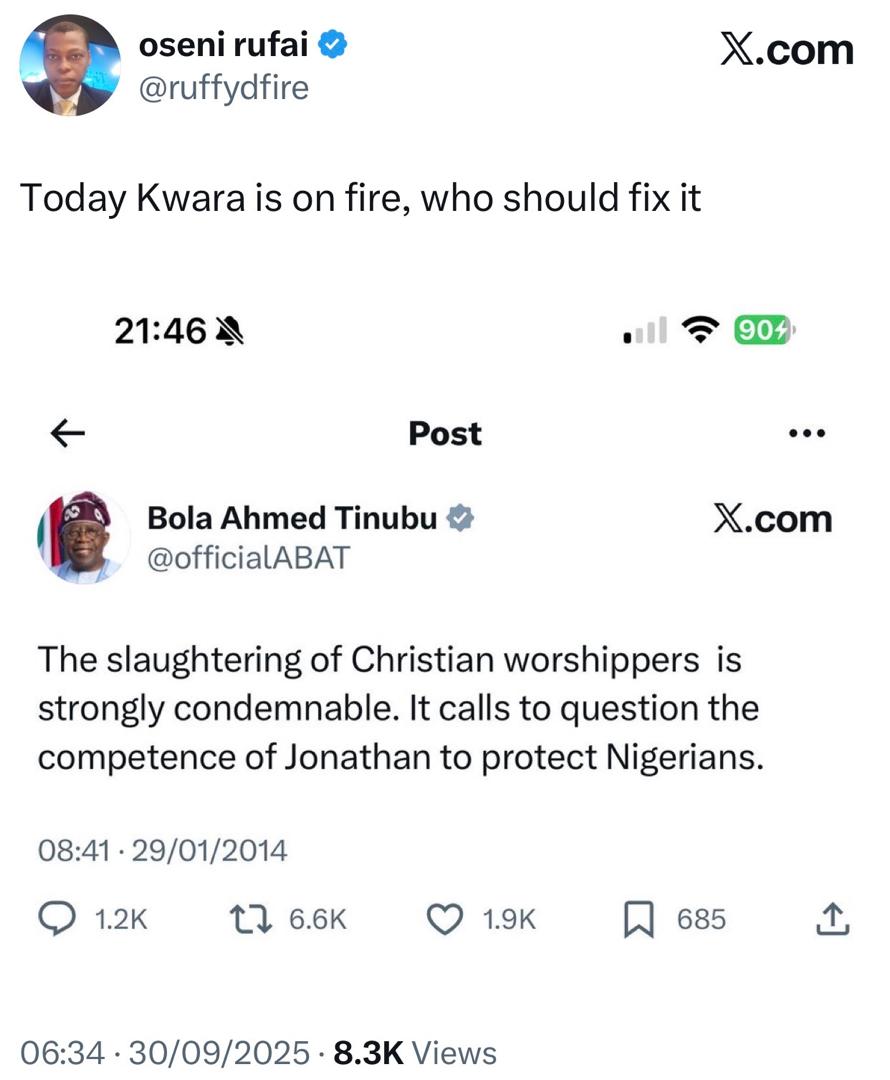 Journalist, Rufai Oseni shares throwback tweet of President Tinubu questioning ex-President Jonathan