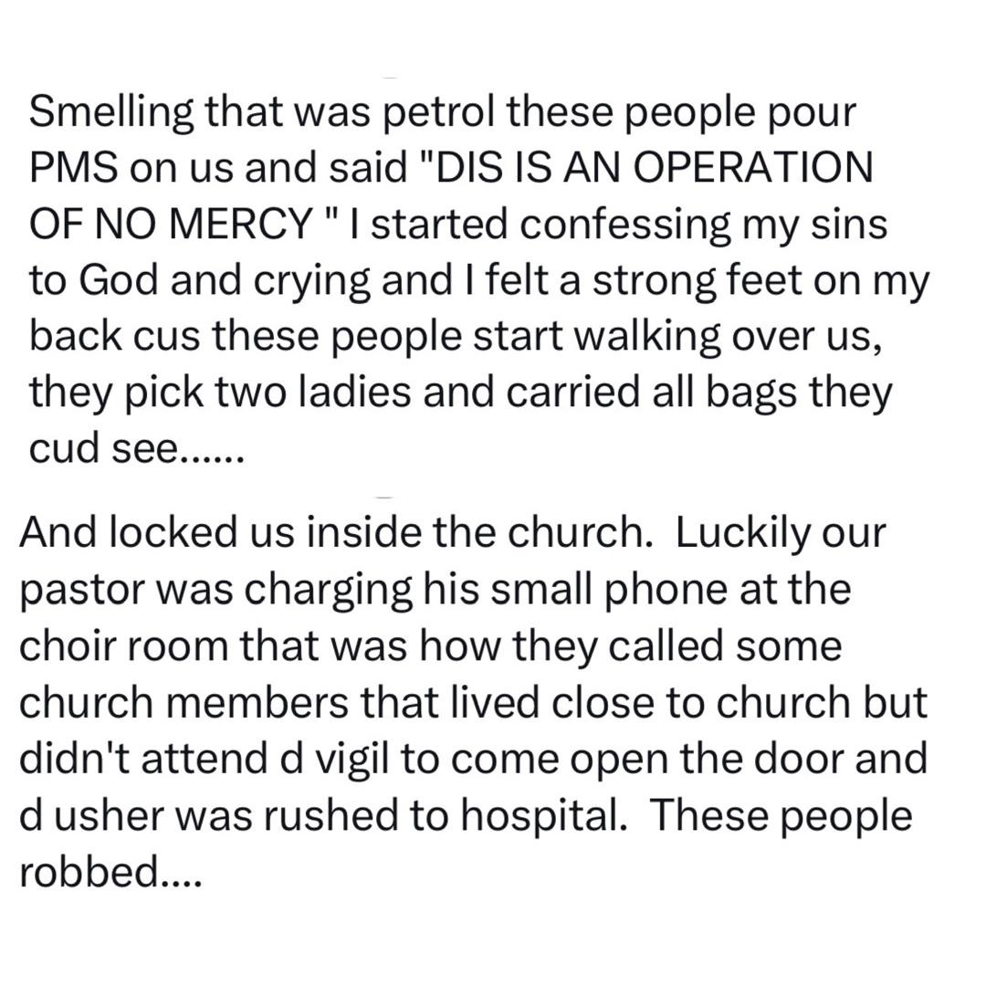Lady recounts how armed robbers robbed and r@ped church members during a night vigil