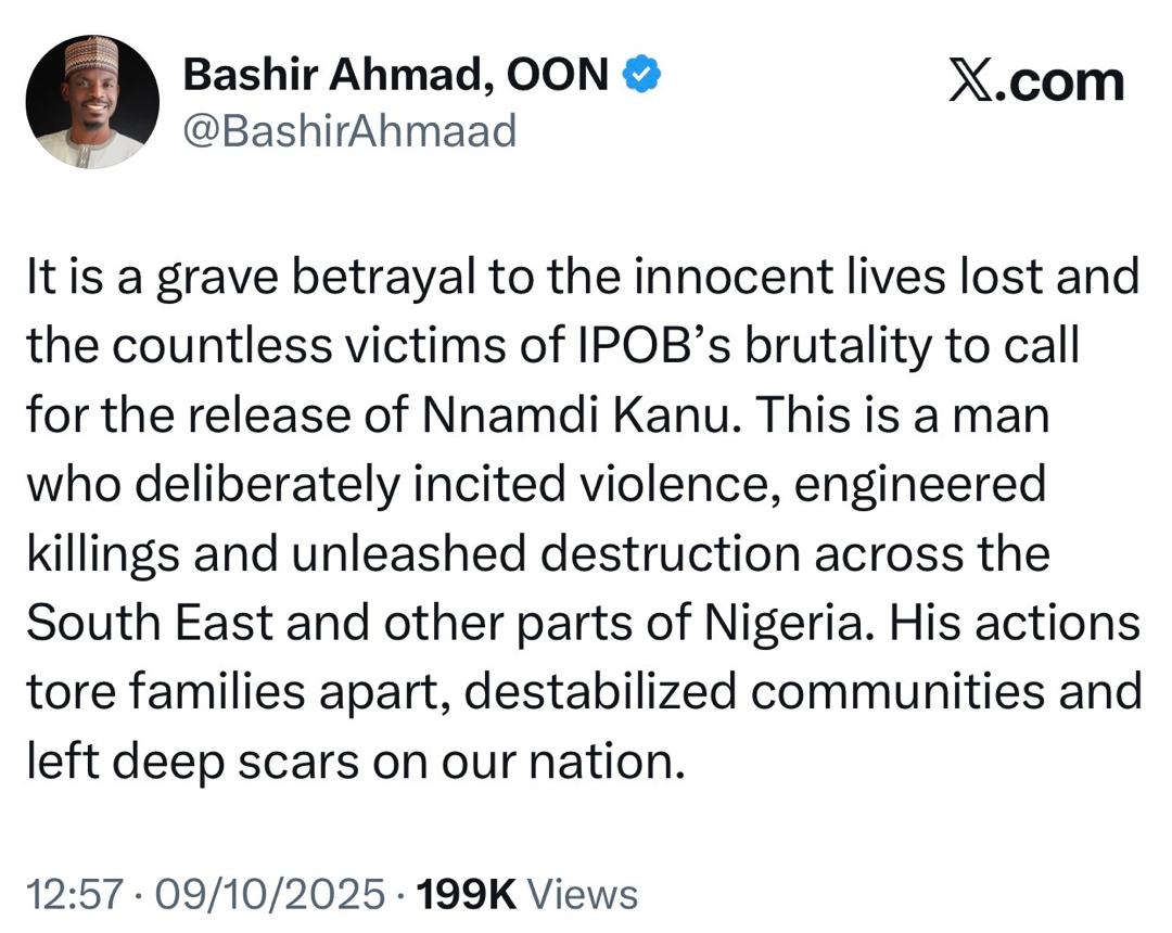 It is a grave betrayal to the countless victims of IPOB?s brutality to call for the release of Nnamdi Kanu - Former presidential aide, Bashir Ahmad